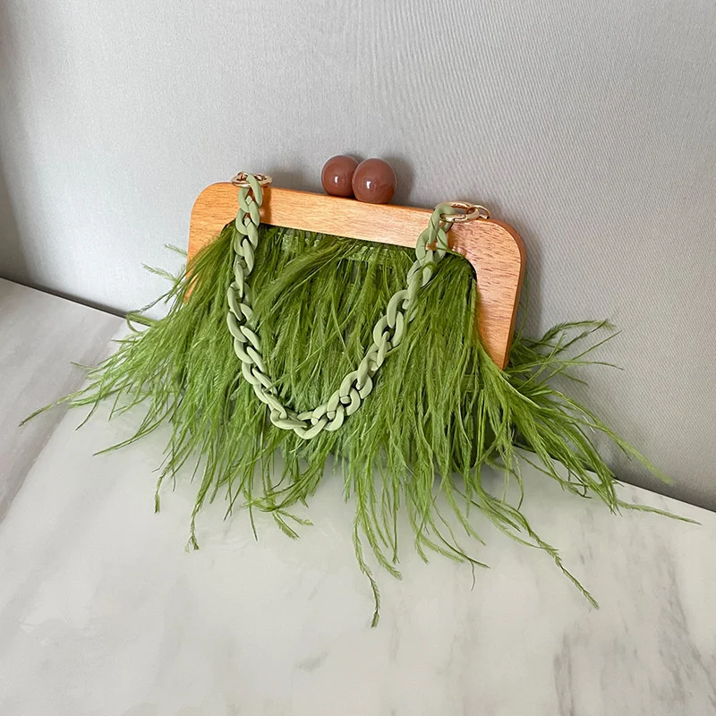 New Luxury Ostrich Feather Evening Clutch Bag for Women Fashion Acrylic Chain Crossbody Shoulder Handbag Dating Holiday Party