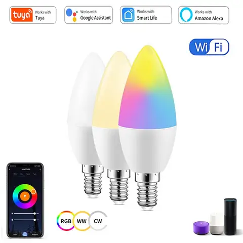 5W/7W/9W Tuya 스마트 WiFi LED 전구 220V E14 촛불 조도 조절이 가능한 RGB 램프 APP 제어 지원 Alexa Google 홈 홈 장식