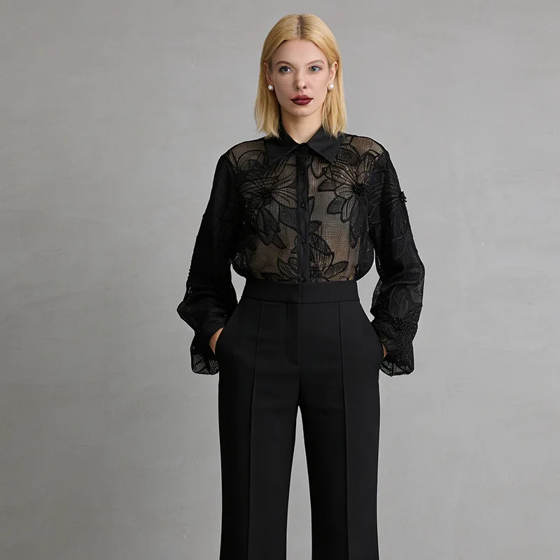 

Винтажная блузка с вышивкой и сетчатыми вставками, женская, летняя, 2026, модная, черная, с длинным рукавом, отложным воротником, свободного кроя, элегантная.