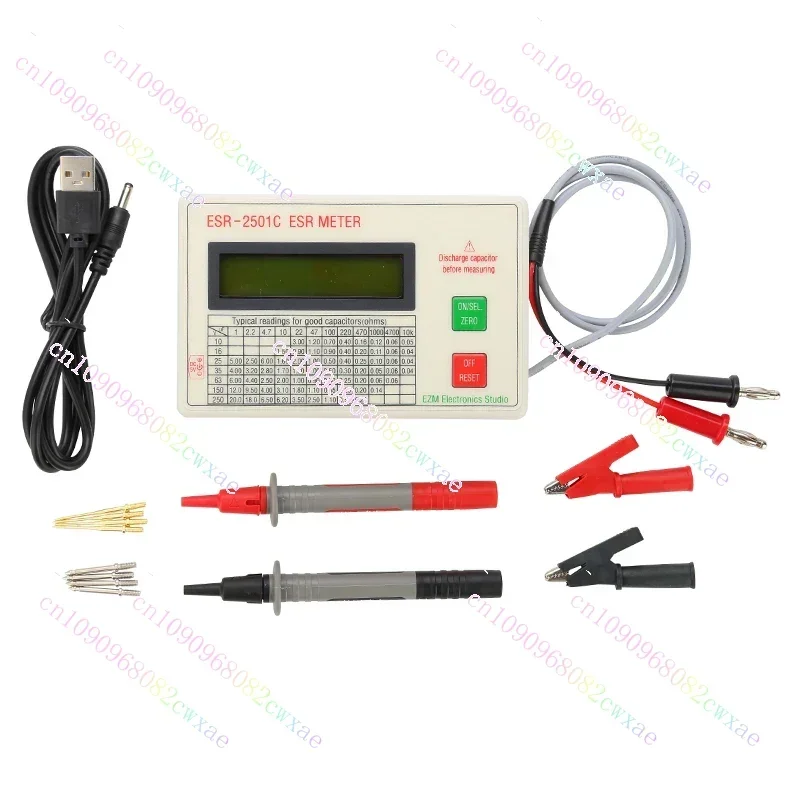 コンデンサテスターesr2501C,esr,dcr,テストリード付き静電容量計,クリップバッテリー,新品
