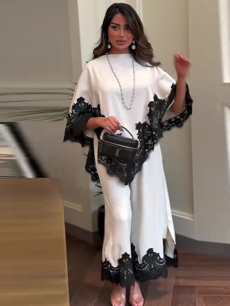 Black Lace Set of Two Pieces Woman Round Neck Flared Sleeve Loose Fit Top with Casual Wide Leg Pants Elegant White Outfit - view 2