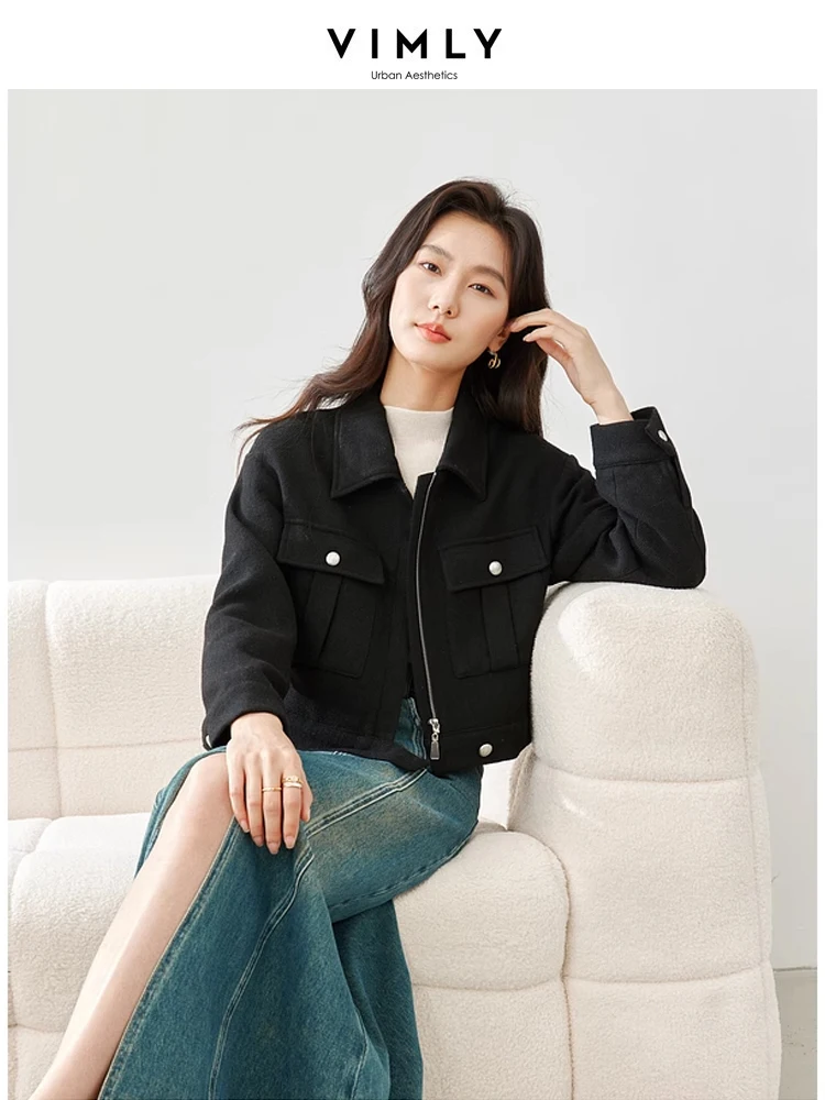 Vimly Black Woolen Cropped Jacket Full Zipper Lapel Drop Sleeve Wool Blend Coat 2024 Spring Warm Casual Female Outerwear M6051