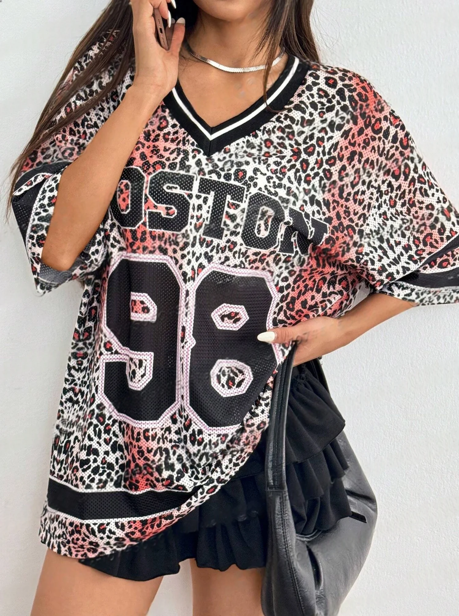 NEW Women Leopard BUSTON Number 98 Print V-Neck Short Sleeve T-Shirt Summer Tee Baseball Jerseys Stripe Oversized Sport T-Shirt