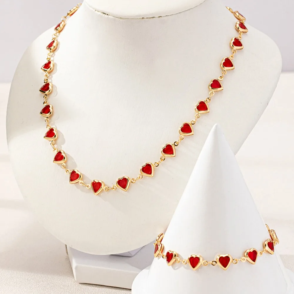Bohemia Retro Red Crystal Heart Beaded Bracelet for Women Charm Fashion Wedding Bride Chokers Jewelry Set Gift Accessories