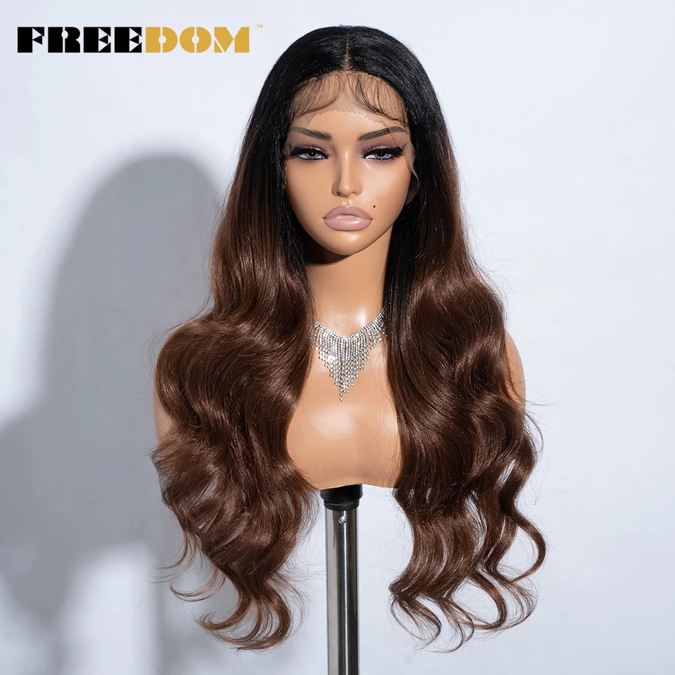 FREEDOM Synthetische Lace-Front-Perücken für Damen, 26 Zoll, Highlight Honey Brown, gewellte Perücke, Ombre-Blond, Lace-Perücke, synthetische Cosplay-Perücke – Detail 17