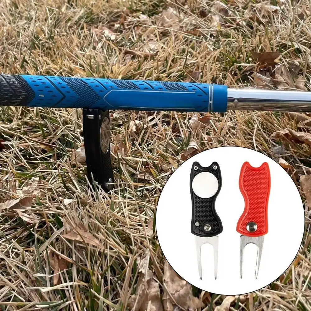 

Magnetic Marker Golf Divot Repair Tool Pop-up Button Sturdy Handle Putting Green Fork Foldable Aluminum Alloy Golf Repair Tool