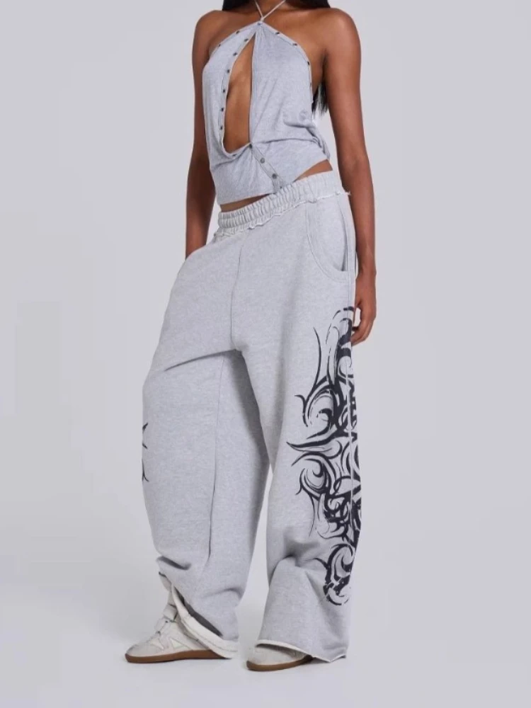 

Deeptown Gray Vintage Graphic Print Women Pants Wide Leg American Style Jogging Loose Sweatpants Harajuku Hip Hop Streetwear