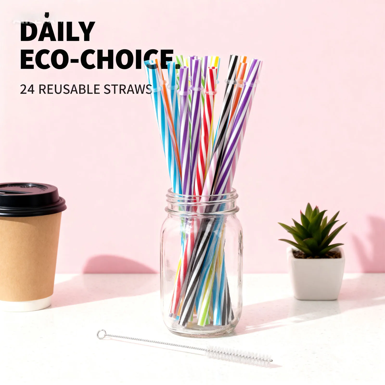 24Pcs Multicolor Drinking Straws Drinking Striped Straws Reusable Straws with Cleaning Brush Tea Bar Party Wedding Kitchen Straw