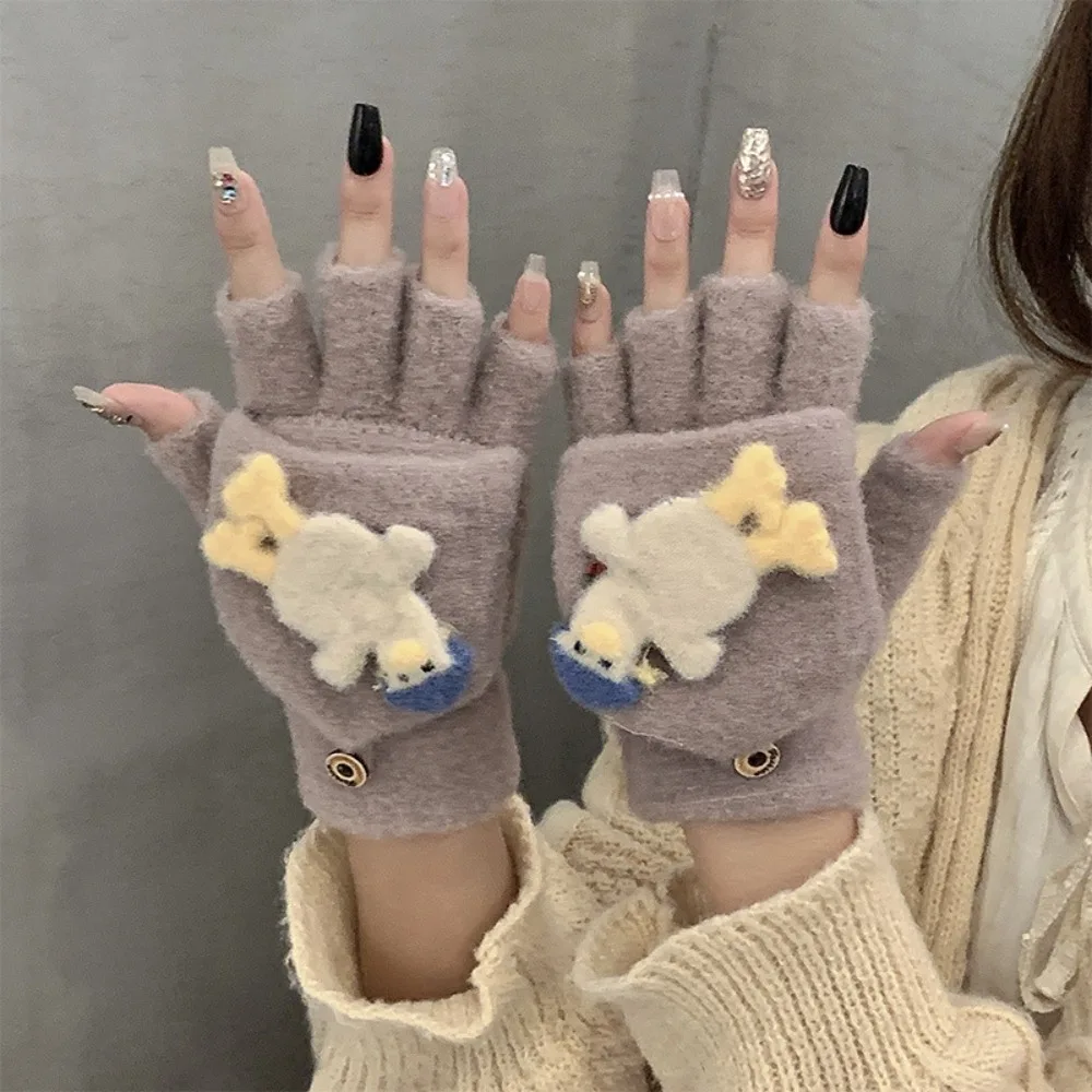 

Cute Cartoon Flip Plush Gloves Touch Screen Duck Half Finger Gloves Korean Style Coldproof Winter Mittens Female/Girls