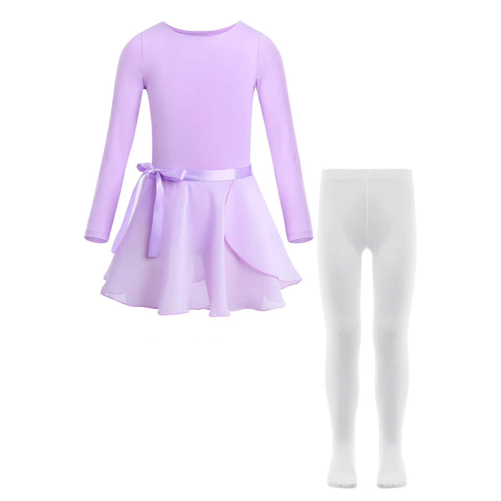 

Kids Girls Ballet Leotard Gymnastics Dance Workout Performance Outfits Long Sleeve Bodysuit+Tie Chiffon Skirt+Pantyhose 3Pcs/Set