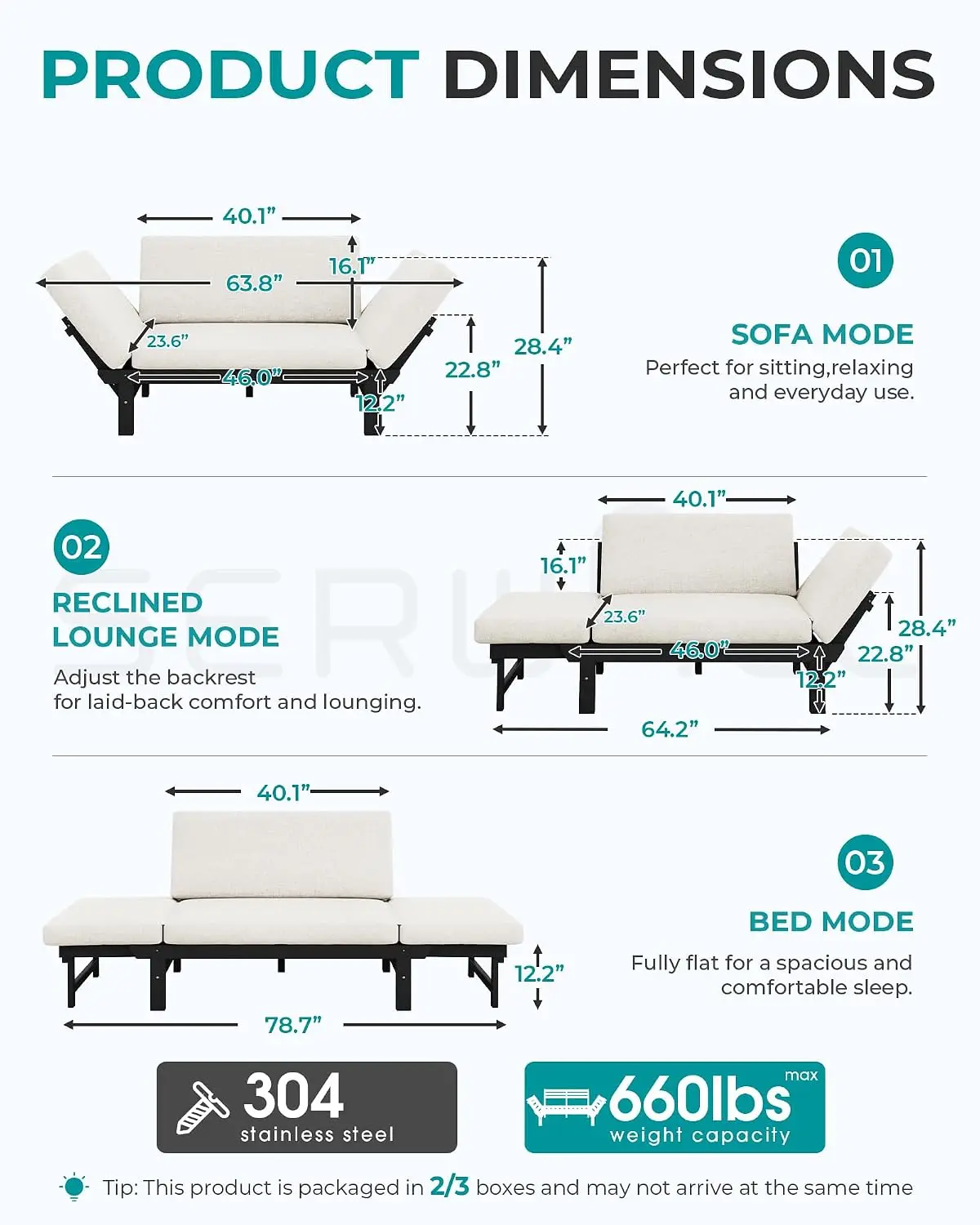 HDPE Convertible Patio Couch Sofa Bed with Adjustable Armrests, Outdoor Daybed Sofa, Collapsible Chaise with, Customized