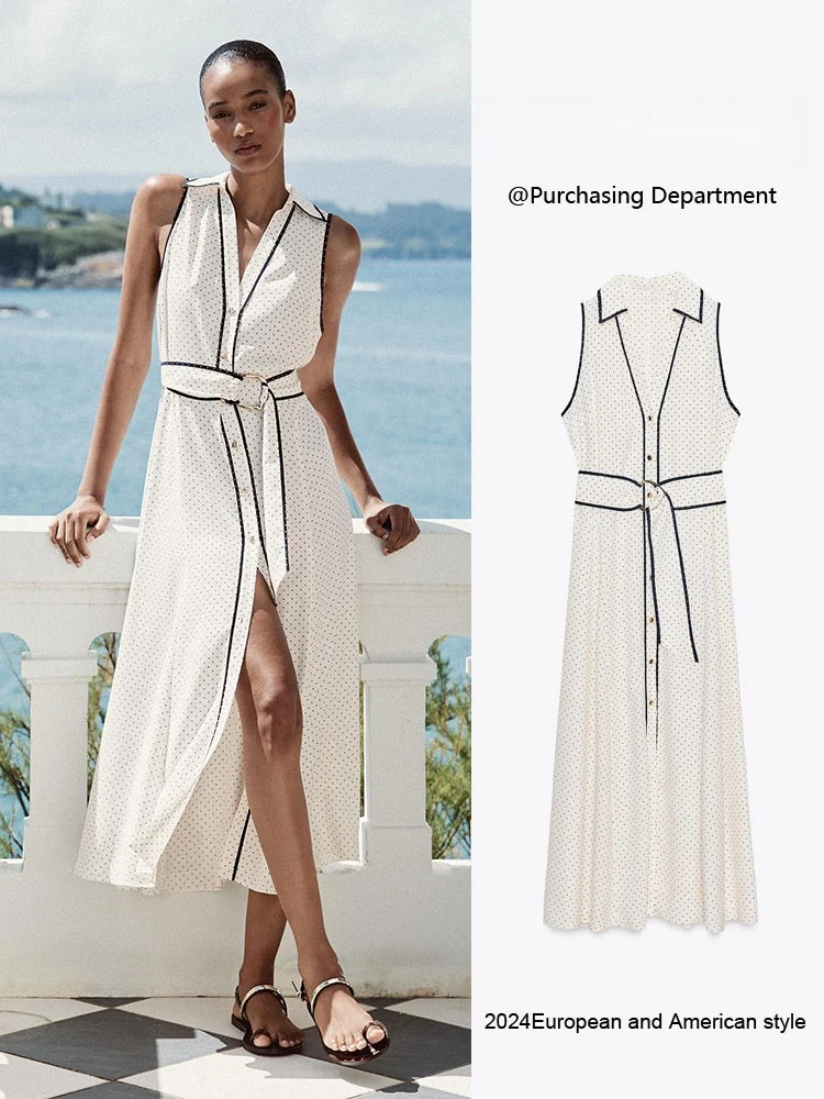 Summer New Arrival Women's Shirt Style Polka Dot Sleeveless Midi Dress Color Block Trendy Chinese Ethnic Fashion Dress
