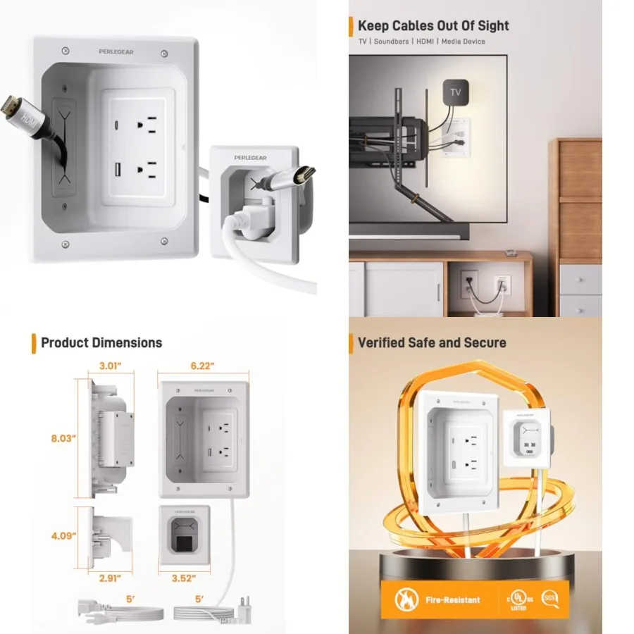 

TV in-Wall Cable Management Kit, USB and Typ C Ports Cord Hider for Wall Mount TV with Recessed Power, Includes Drill Templates