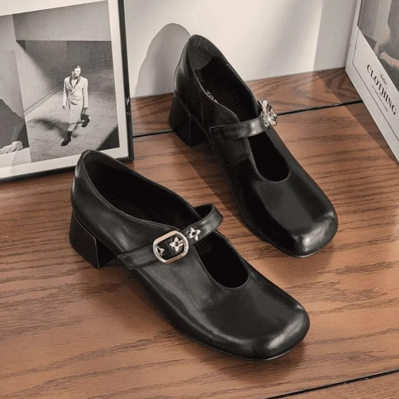 

Women High Heels Sandals Mary Jane Shoes Summer Chunky Leather Shoes Woman 2025 Luxury Brand Shallow Dress Pumps Zapatos Mujer