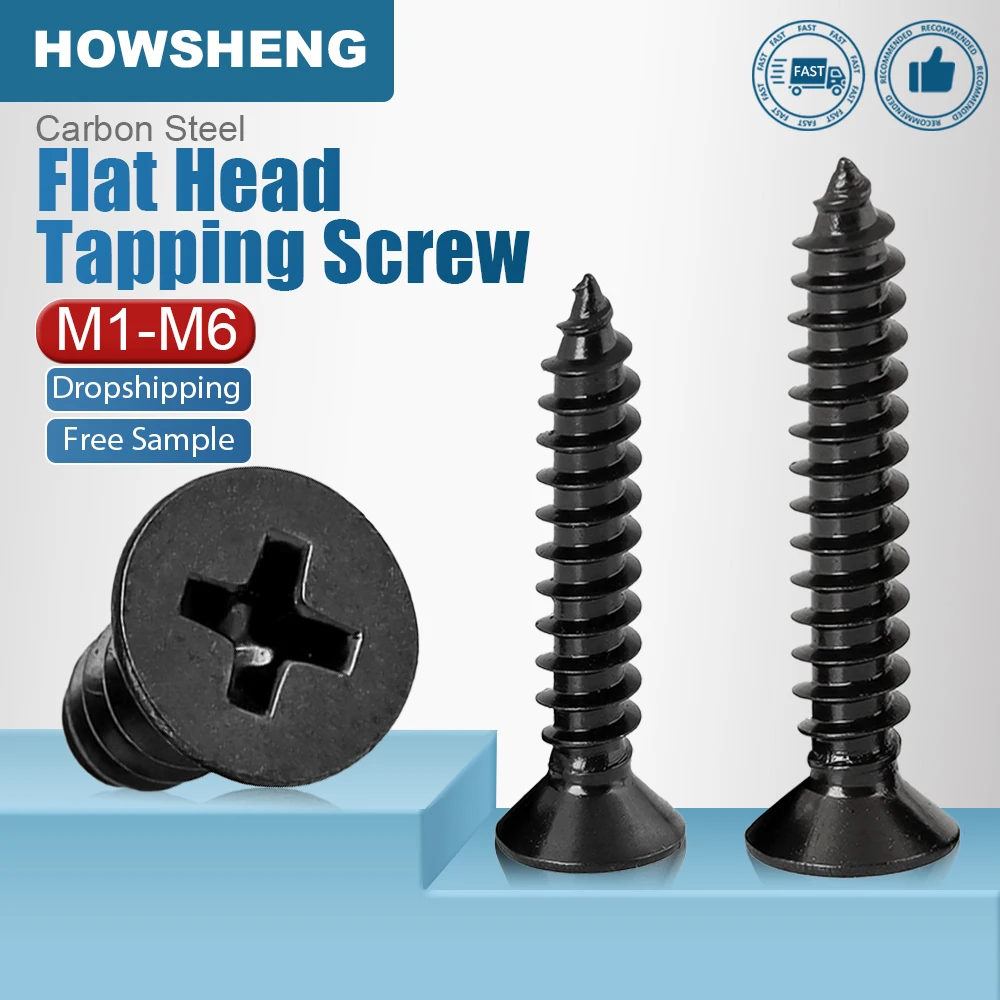 

HOWSHENG 20-200pcs Cross Flat Head Self-tapping Screw M1-M2 M2.3 M2.6 M3 M3.5 M4 M5 M6 Carbon Steel Black Phillips Mini Screw