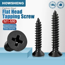 Howsheng 20-200 peças parafuso auto-roscante de cabeça plana cruzada M1-M2 m2.3 m2.6 m3 m3.5 m4 m5 m6 mini parafuso phillips preto de aço carbono