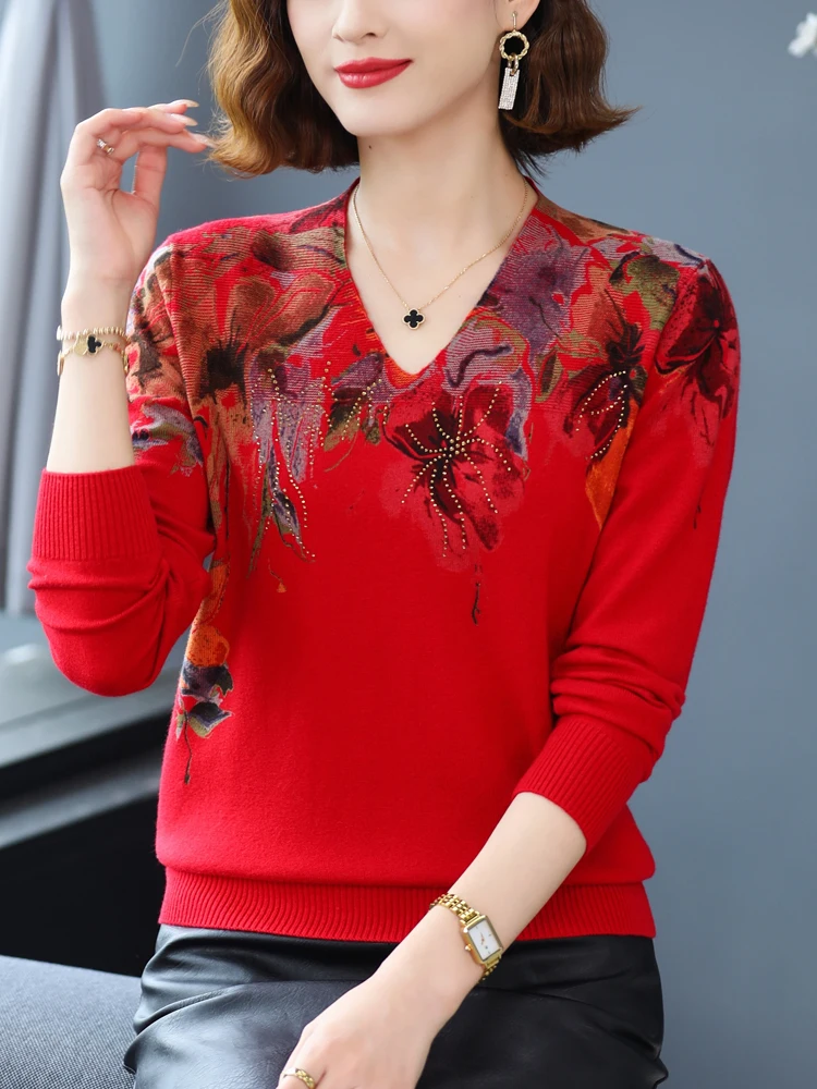 

100% Wool Print Sweaters Women Clothes Soft V Neck Pullover Pull Femme Female Casual Jumper Long Sleeve Women's Sweater