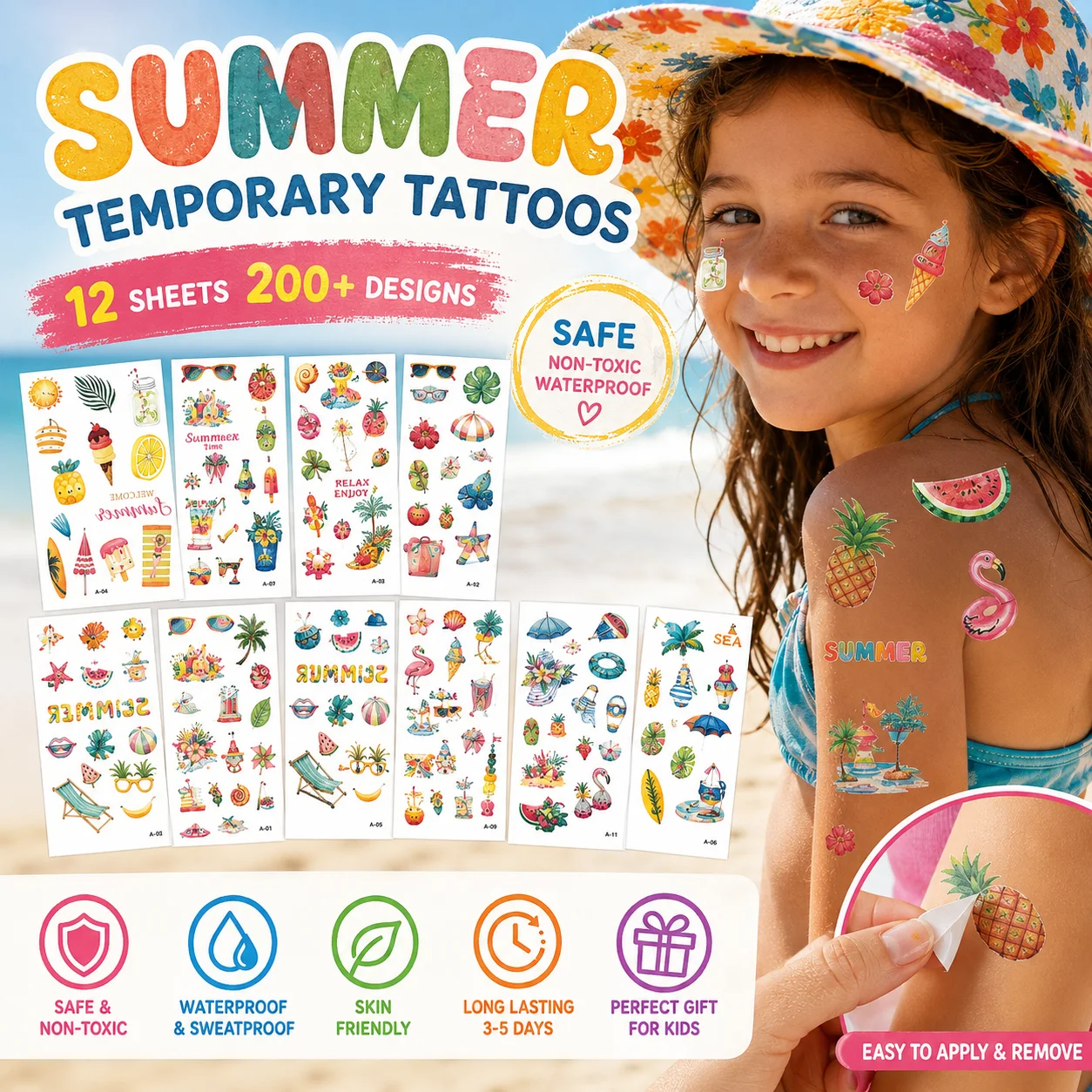 

Summer Temporary Tattoos for Kids, 12 Sheets 200+ Cute Beach Waterproof Tattoo Stickers, Non Toxic Cartoon Fruit Ocean Tattoos f
