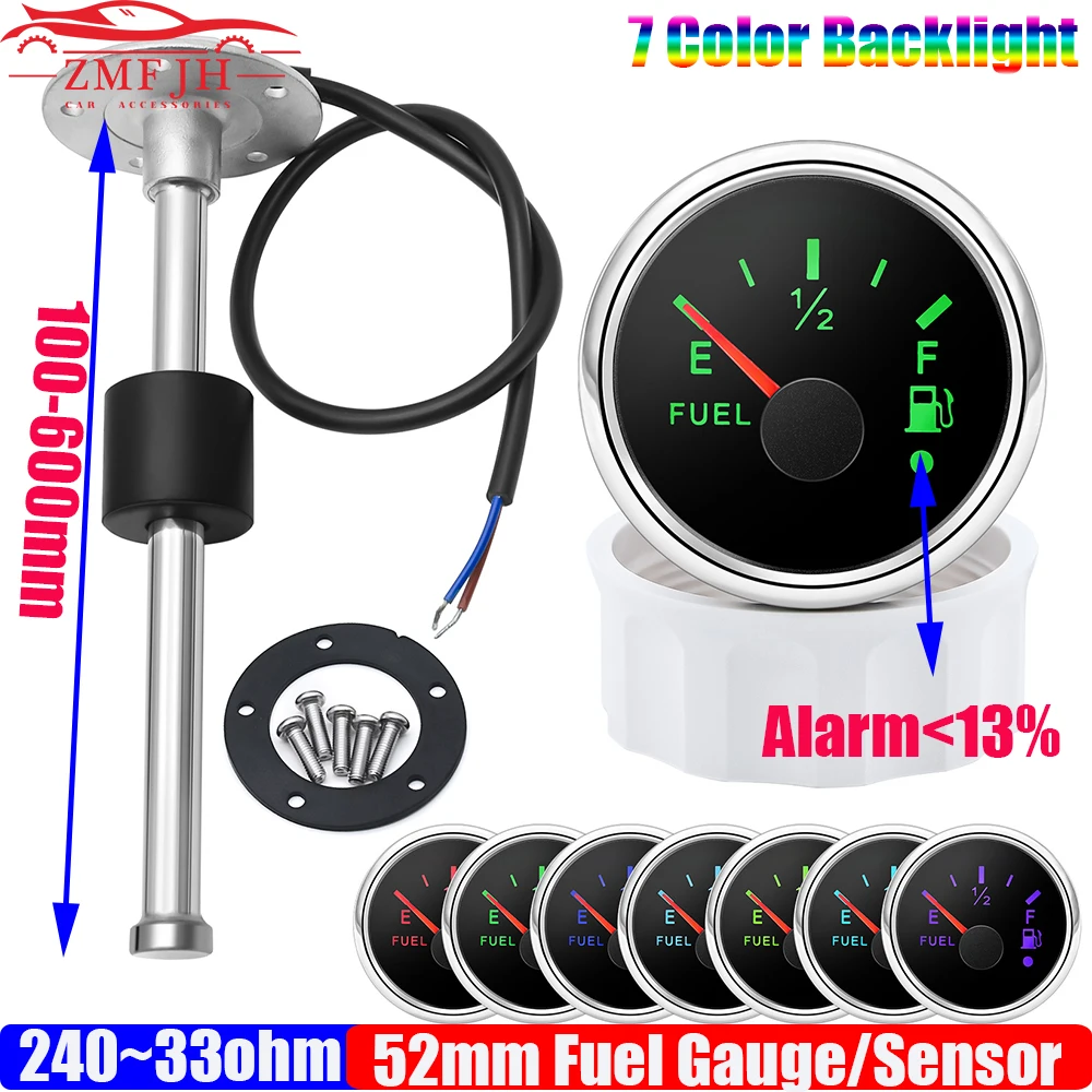 custom 7 Color Light 240~33 OHM 52mm Fuel Level Gauge Flashing Alarm 100~550mm Fuel Level Sensor for Car Marine Auto Boat 12V24V