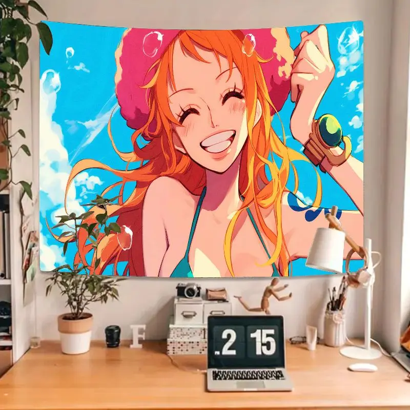 1 قطعة نسيج شخصية الرسوم المتحركة الملونة مع الشعر البرتقالي قبعة الوردي الأزرق بيكيني أعلى ، السماء الزرقاء خلفية جدار الفن لعمل مريح