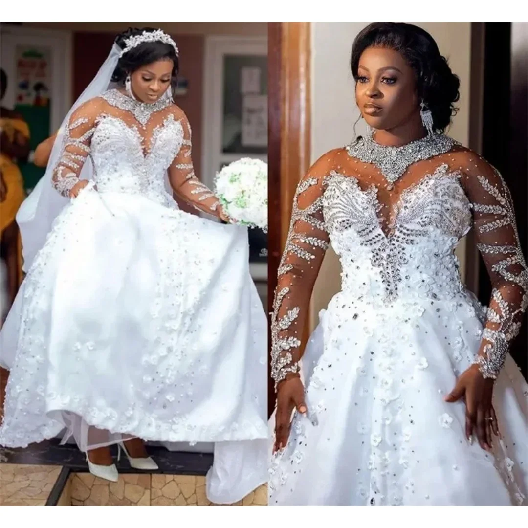 Luxurious A-Line Lace Crystal Bead Women's Wedding Dress New Sexy Transparent Collar Plus Size Ballroom Bride Dress Customized