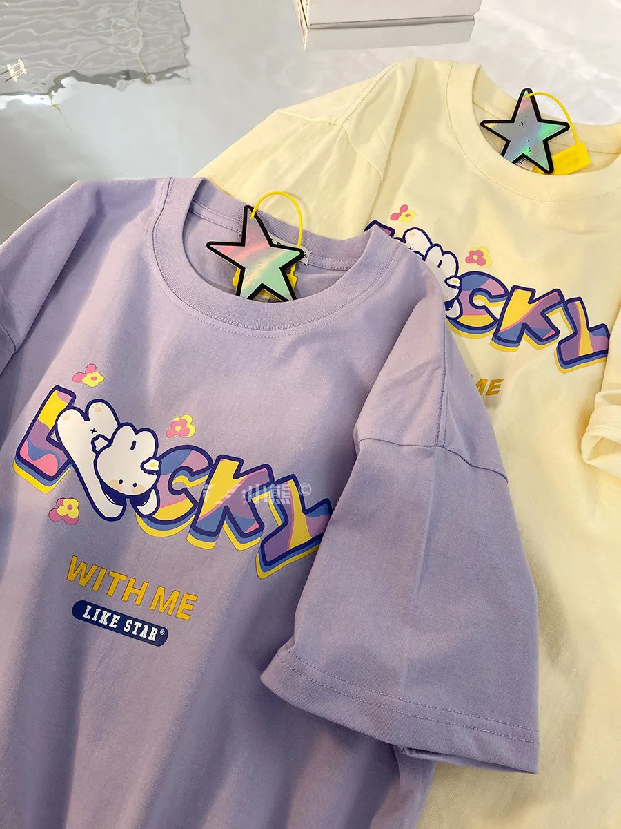 Lucky Rabbit Printing Tee 100 Cotton T Shirts For Women Kawaii Short Sleeve Cute T-shirt Loose Oversized Tshirt Girls
