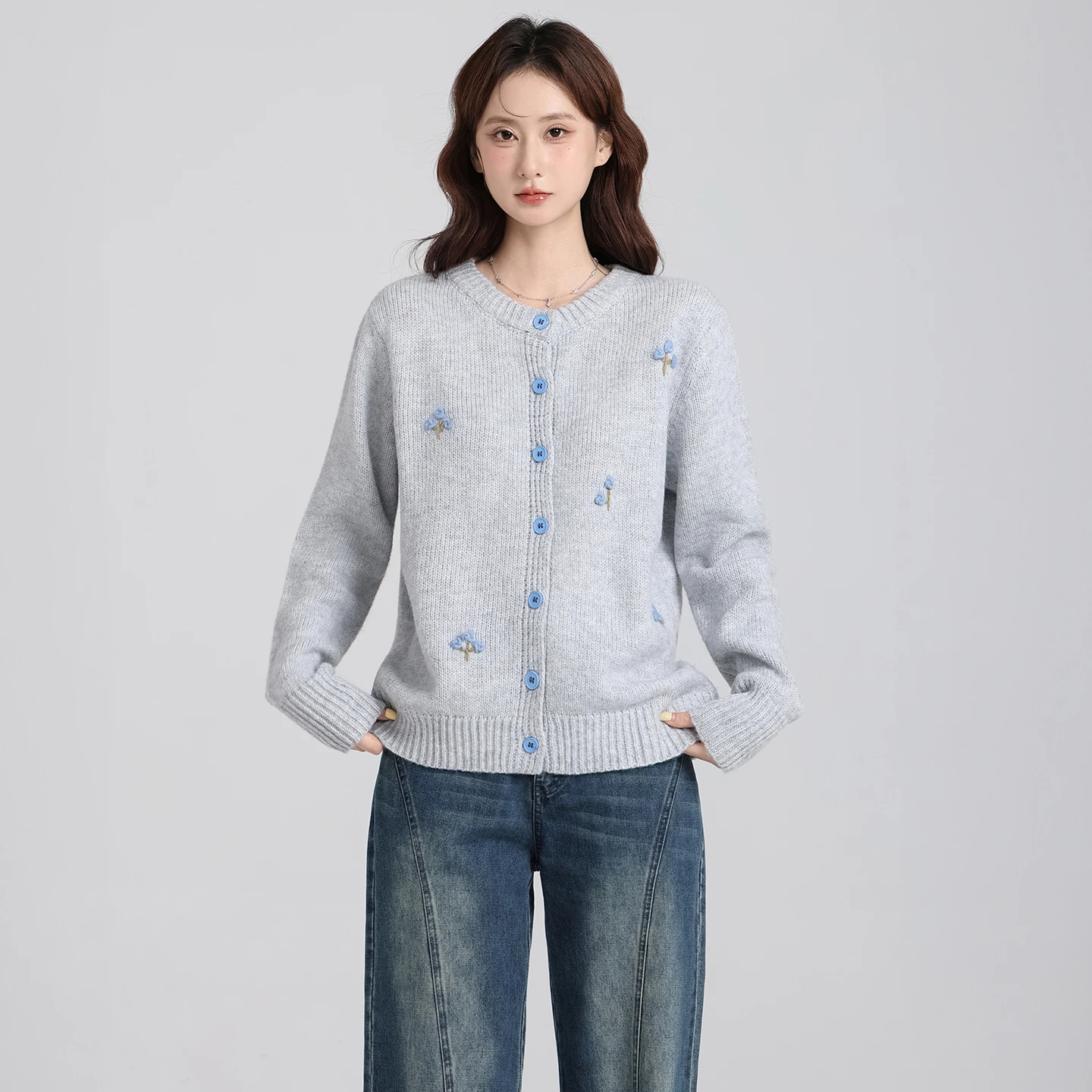 

Loose Fit round Ne Knitted Cardigan Long Sve Women's Sweater Open Front Design Autumn Winter New Sle Floral Embroidery