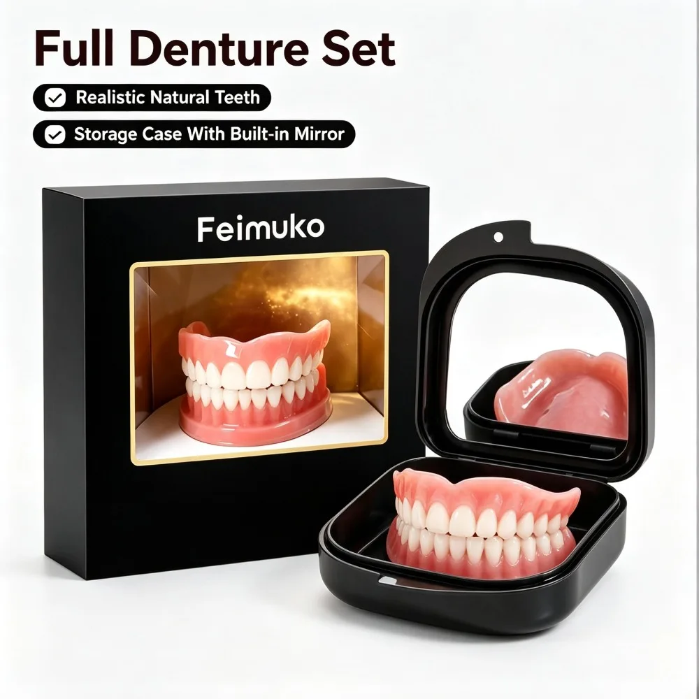 Complete Full Denture Set With Mirror Storage Case Realistic Natural Upper & Lower Full Mouth Comfortable Silicone False Teeth