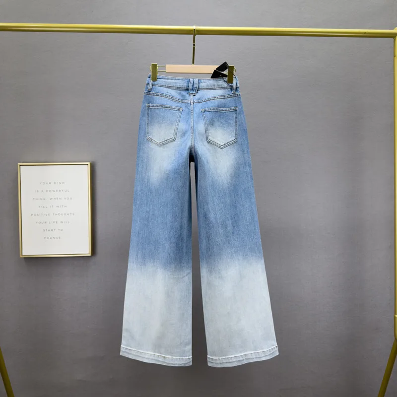 ANJY Spring Autumn New Women Tide Fashion Ripped Diamonds Patch Print Ins Jeans Washed Vintage Loose Wide Leg Denim Pants A23819