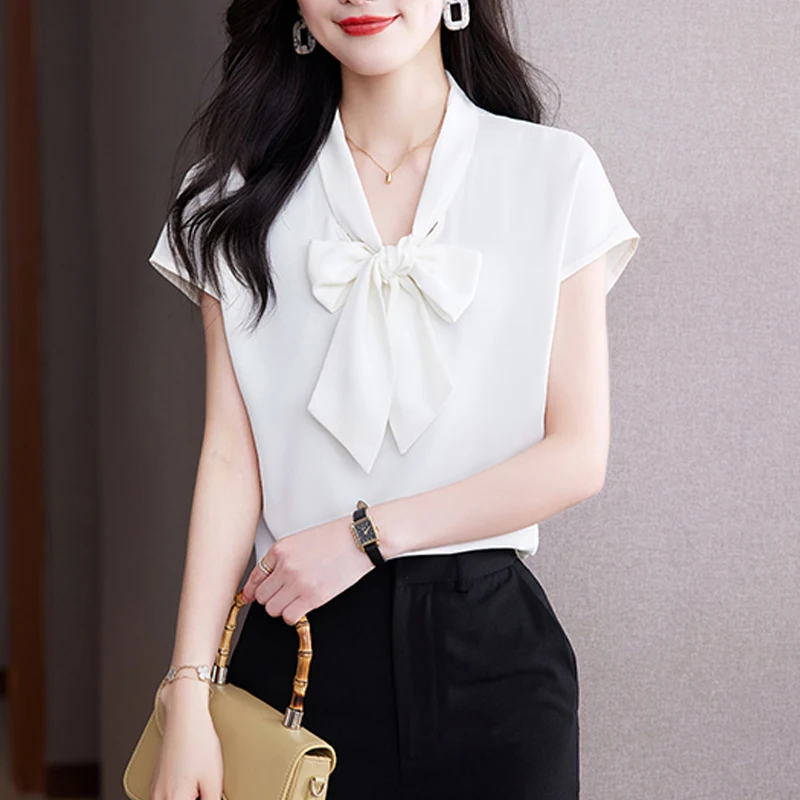 Women Korean Fashion Bow Lace Up Silk Blouse Office Lady Elegant Business Casual Shirt Solid Short Sleeve Slim Tops Blusas Mujer