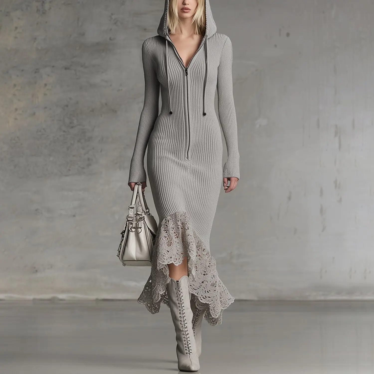 

2026 new fashion lace zipper slim knitted dress women spring sexy and elegant solid color bell sleeve fishtail skirt for women