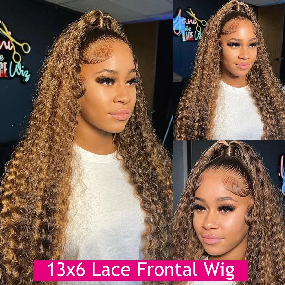 Highlight Ombre Colored Curly HD Transparent 13X4 Human Hair Brown Lace Front Human Hair Deep Wave Lace Frontal Wig 250 Density