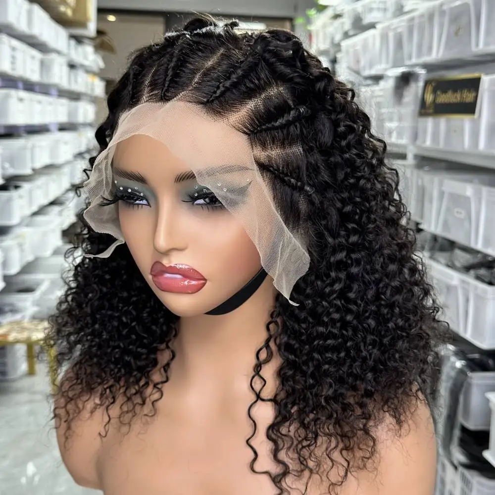 

14 16Inch Cornrow Braided Wigs 13x4 Human Lace Front Braids Wig with Baby Hair Curly Knotless Braiding Hair Wig for Black Women