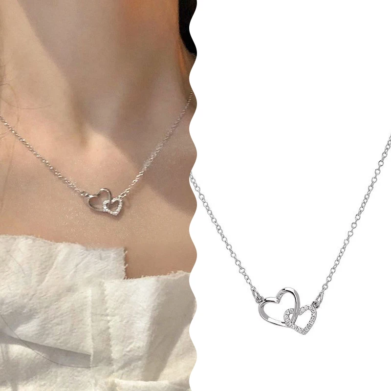 Korean Style Fashion Clavicle Chain For Women Double Heart Zircon Choker Necklace Vintage Neck Chain Simple Party Jewelry Gift