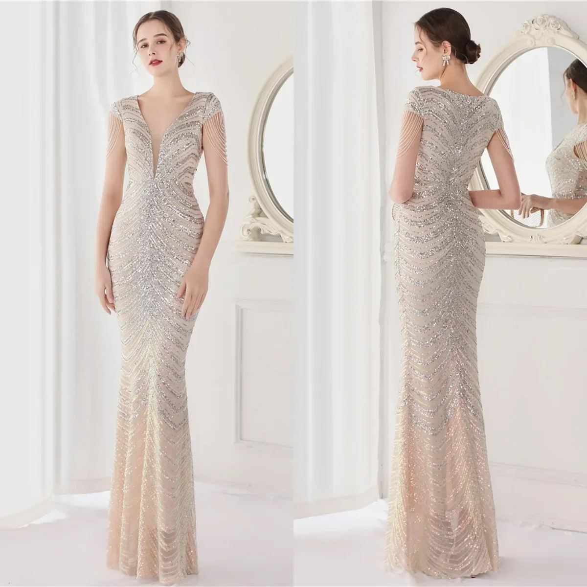 

Evening Dresses Champagne Sequins Stretchy Beads V-neck Zipper Back Mermaid Trumpet Floor Length Women Party Formal Gowns YE027