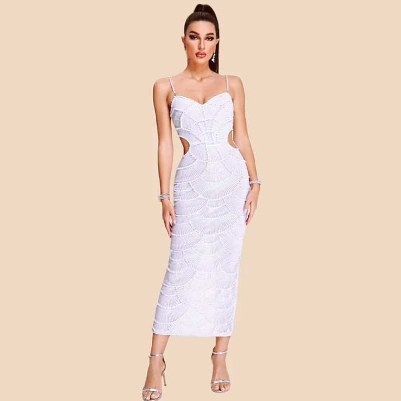 

Women Luxury Sexy V Neck White Pearl Beading Cut Out Maxi Long Bodycon Gowns Dress Birthday Elegant Evening Party Club Dress