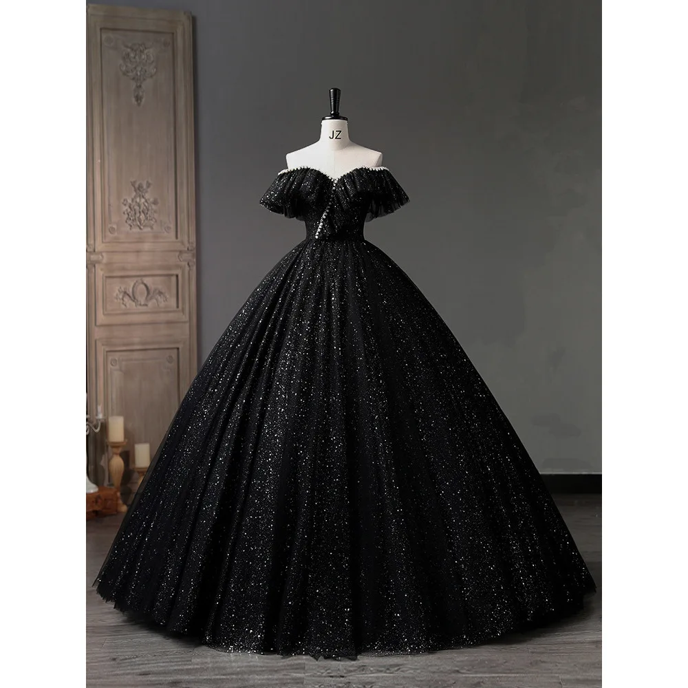 Elegant Black Evening Gown with Puffy Skirt One Shoulder Design for Piano Solo Performances Conference Hostess Adult Ceremony