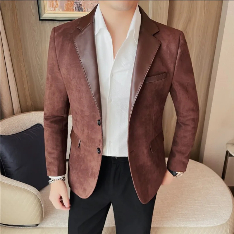 High-quality PU Patchwork Suede Men\'s Blazers Brand Solid Color Slim Fit Casual Business Dress Coats Social Banquet Men Clothing