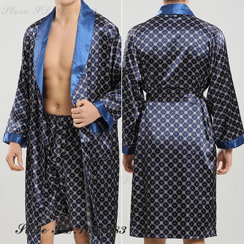 Plus Size 3XL Robe Pajamas Set Spring Summer New Male Kimono Bathrobe Gown Sleepwear Loose Casual Silk Satin Homewear Loungewear