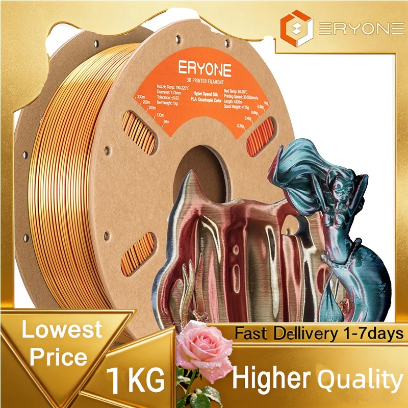 

Eryone Hyper Speed Quadruple Color Silk PLA Filament 1.75mm, High Speed 500mm/s 3D Printer Filament, 1kg Spool