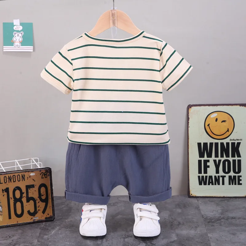 Summer Baby Boy Clothes 2024 Korean Casual Striped Short Sleeve T-shirts and Short Two Piece Boys Set Kids Bebes Jogging Suits