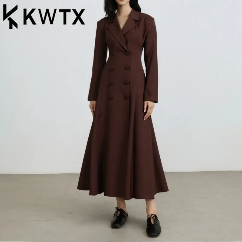 

KWTX 2025 Elegant Women's Trench Coat Double Breasted Slim Fit Vintage Spring Summer Luxury Outerwear Solid Color Chic Design