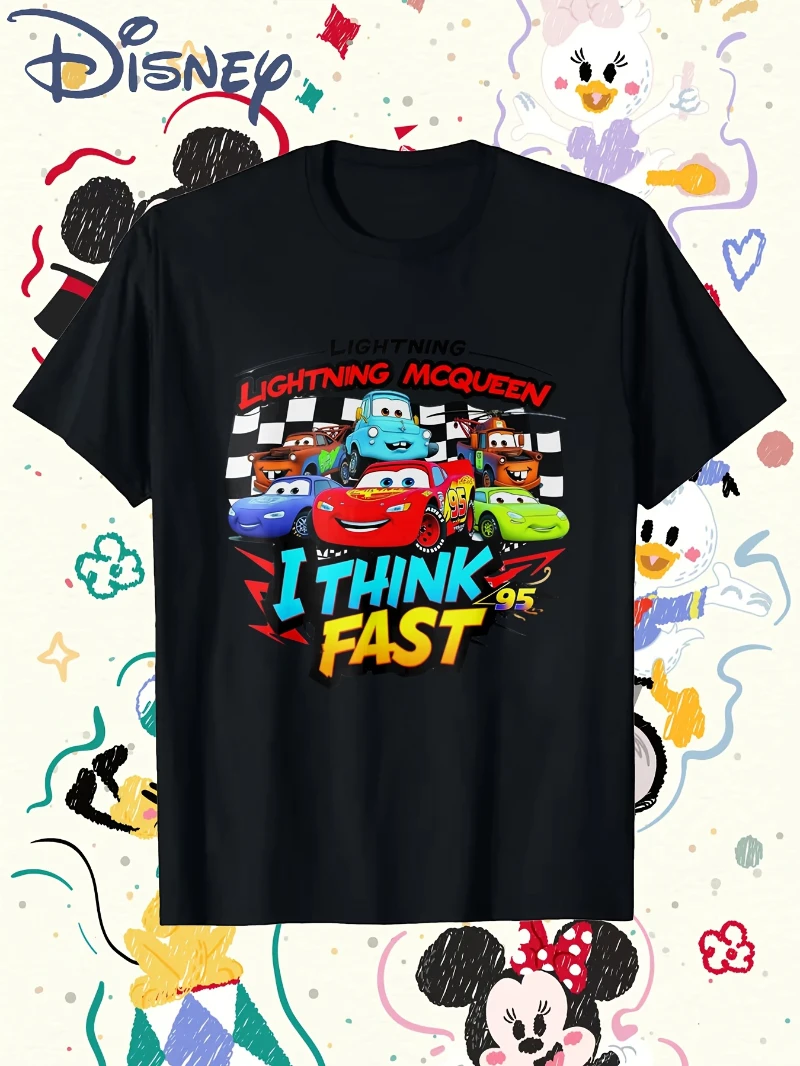 

Men's and Women's Racing Pattern T-shirt Lightning McQueen "I THINK FAST" Casual and Fashionable Round Neck Short Sleeved Shirt