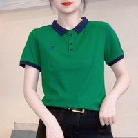 New Summer Korean Version Minimalist Commuting Casual Short Sleeved Lapel Solid Color Embroidered Women's T-shirt Top