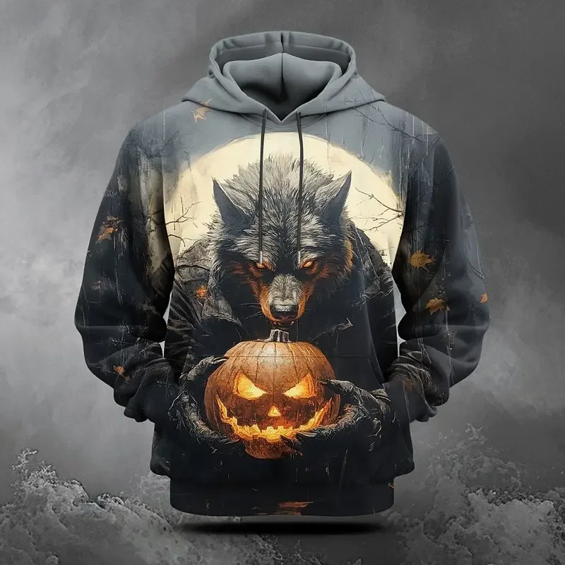 Funny 3D Wolf Printed Hoodies For Men Halloween Pumpkin Pattern Sweatshirts Hip Hop Trend Harajuku Autumn Y2k Clothes Loose Tops