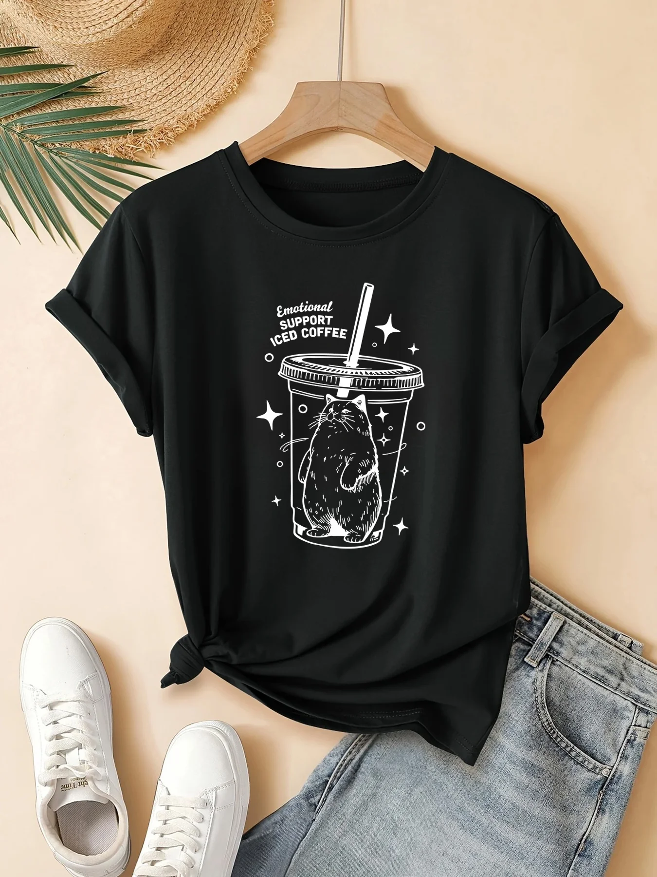 

Women's Casual Graphic Tee Iced Coffee Never Print Short Sleeve Round Neck Summer Comfortable Top Tshirt Clothing