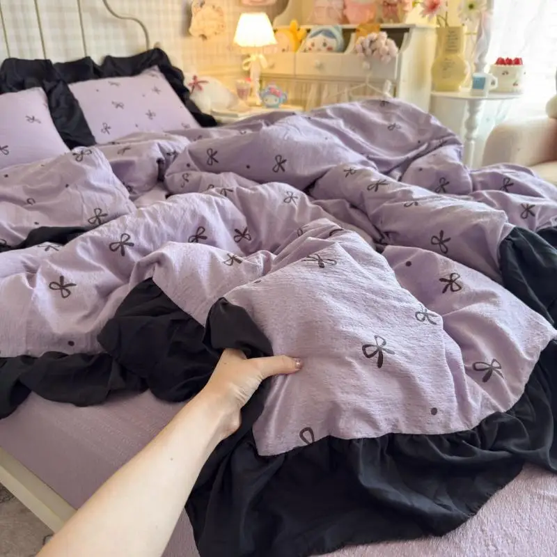 Bedding 4-Piece Set Sweet Cute Girlish Heart Bow Lace Quilt Cover Double-Layer Gauze Bedding Set Comfortable Bed Sheet Girl's Gi