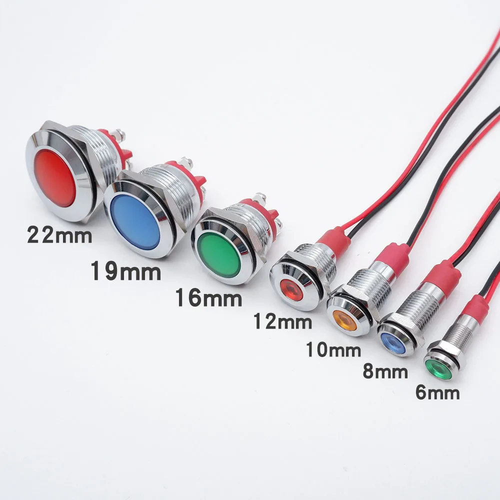 Metal Indicator Light Signal Lamp LED Lamp 6/8/10/12mm With Wire 16/19/22mm No Wire 3-6V 12-24V 110-220V Red Green Blue Orange