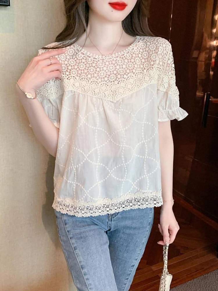 Blouses Women Lace Hollow Out Loose Short Sleeve Korean Style Elegant Female Clothing Prevalent Leisure Pretty Chic Summer 3XL