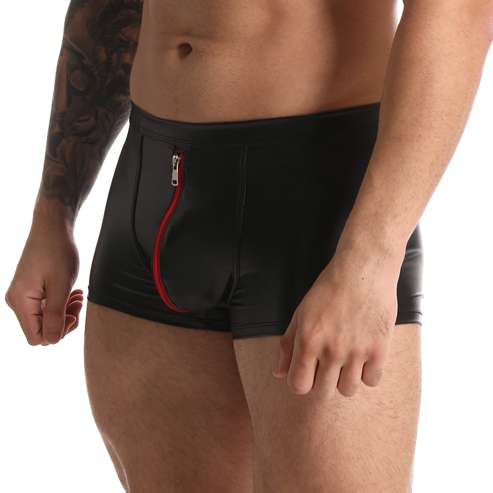 Zipper Boxer Men\'s Panties Sexy Leather Shorts Bulge Pouch Underpants Gay Hot Mens Underwear Soft Slip Briefs Male Causal Wear